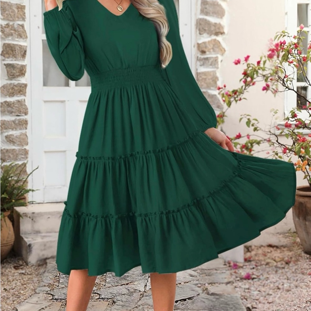 Zattcas Sheer Long Sleeve Midi Dress Green Tiered Ruffle Women's  Large Flowy